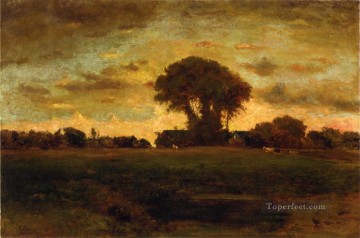 tonalism tonalist Painting - Sunset on a Meadow landscape Tonalist George Inness
